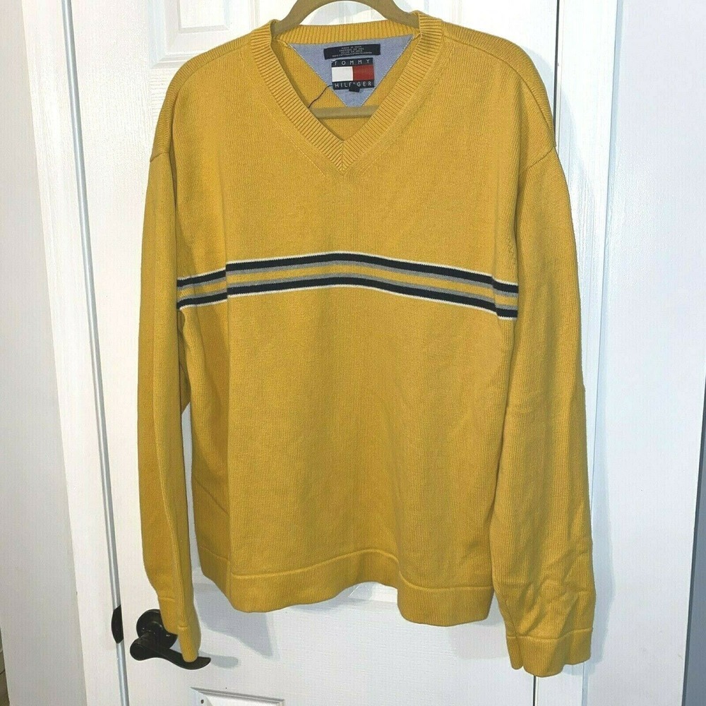 Vintage Tommy Hilfiger Yellow Knit V-Neck Sweater Men's Size XL Flag Tag